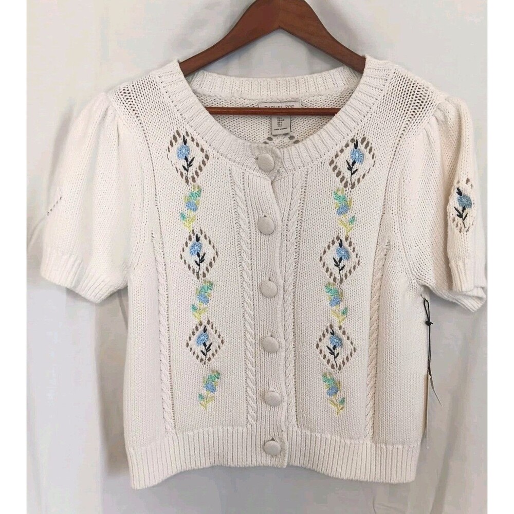 NWT Rachel Zoe Floral Embroidered Knit Cardigan Size L Short Sleeve White